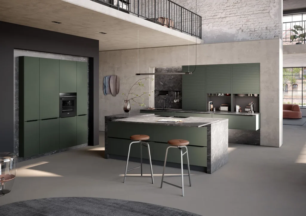 Olijfgroene keuken met eiland van Häcker Küchen