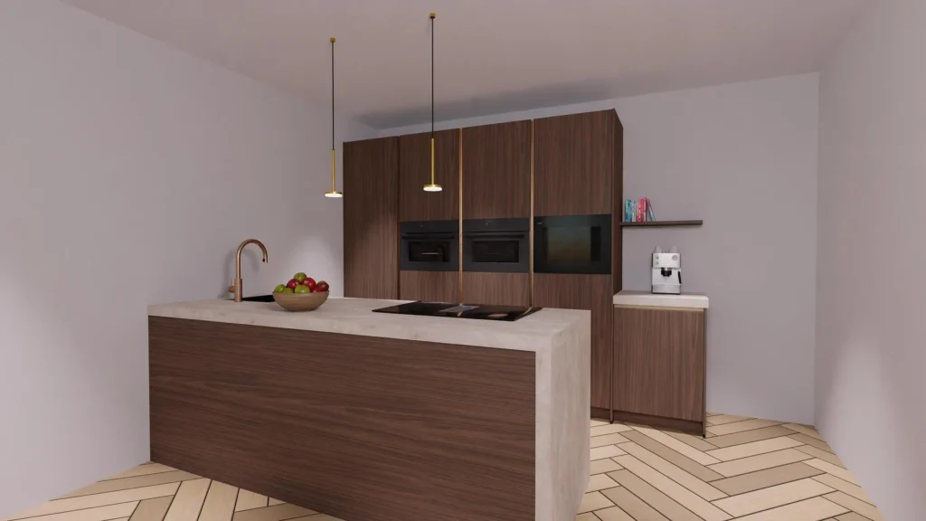 3d tekening van een donkere japandi keuken